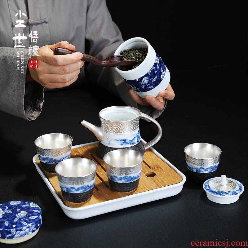 Blue - and - white ceramics kung fu tea set manually coppering. As silver home landscape of a complete set of the teapot teacup portable travel tea set