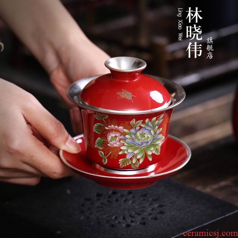 Tasted silver tureen ceramic cup 999 sterling silver gilding three to make tea bowl of kung fu tea set a large bowl of household