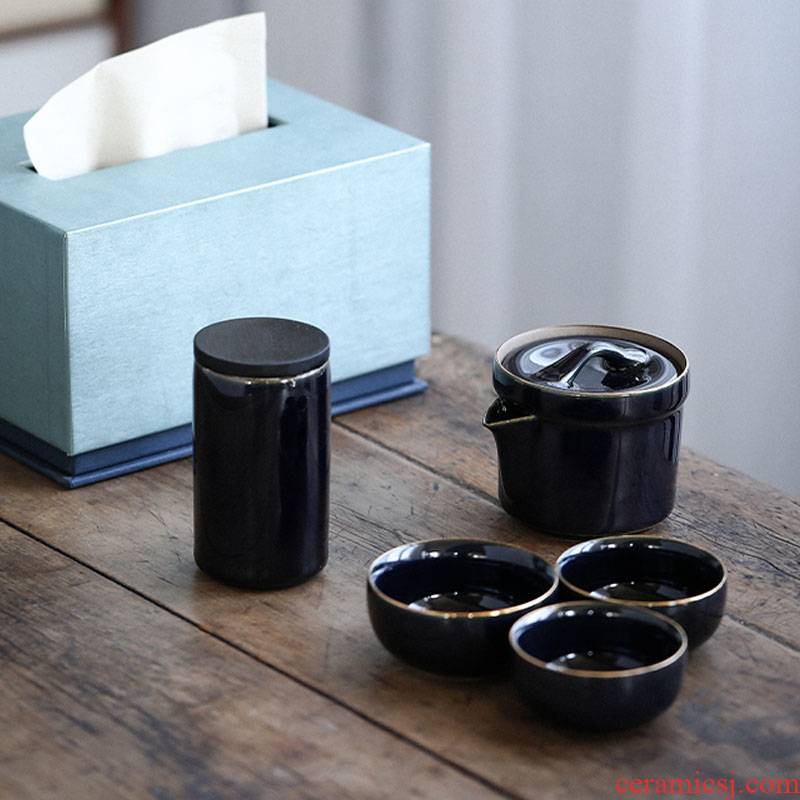 Porcelain heng tong ji blue to crack a pot of three small POTS travel tea set gift boxes of household contracted teapot