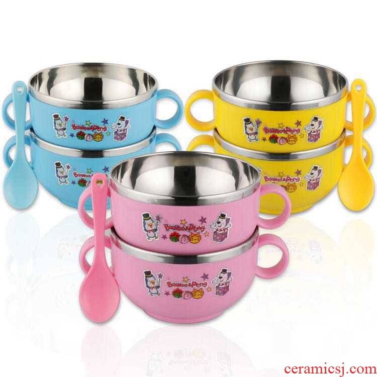 Bo view baby 304 stainless steel tableware children iron bowl against falling eat rice bowl with cover ears handle pupil