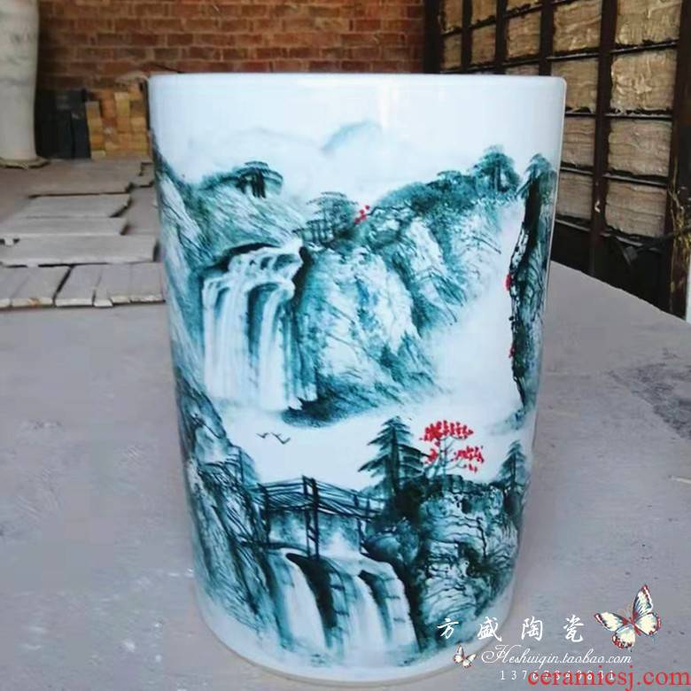 Round straight hand made blue and white porcelain vase painting and calligraphy barrels quiver of jingdezhen ceramic vase landing place
