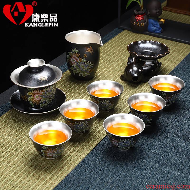 Recreation article 999 tasted silver gilding the tank of a complete set of ceramic tea set office silver kung fu tea cups