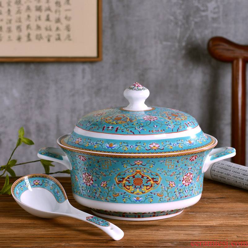 Jingdezhen ceramic big bowl of Chinese style household with cover with ear against the ceramic soup pot pot hot tableware large bowl