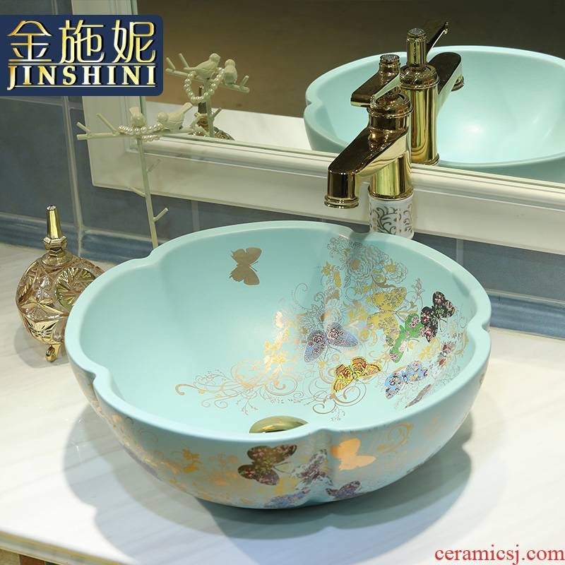 Gold cellnique jingdezhen ceramic sanitary ware art stage basin sink basin matte enrolled green, golden butterfly garden