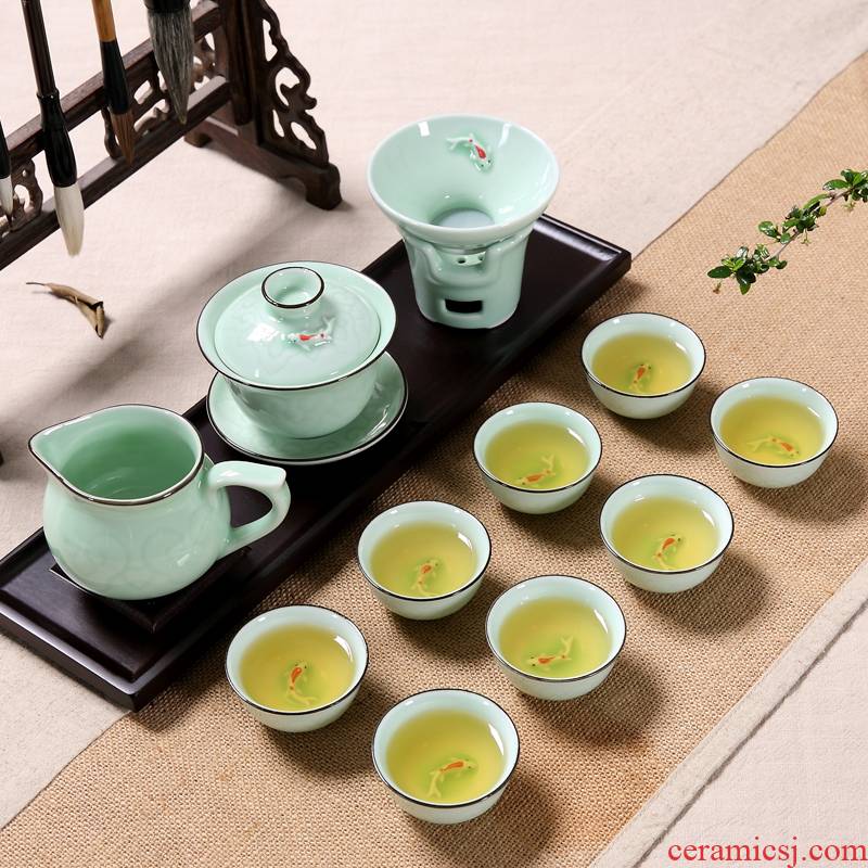 Qiu time longquan celadon ceramics koi fish kung fu tea set suit household contracted tureen bowl cups suit
