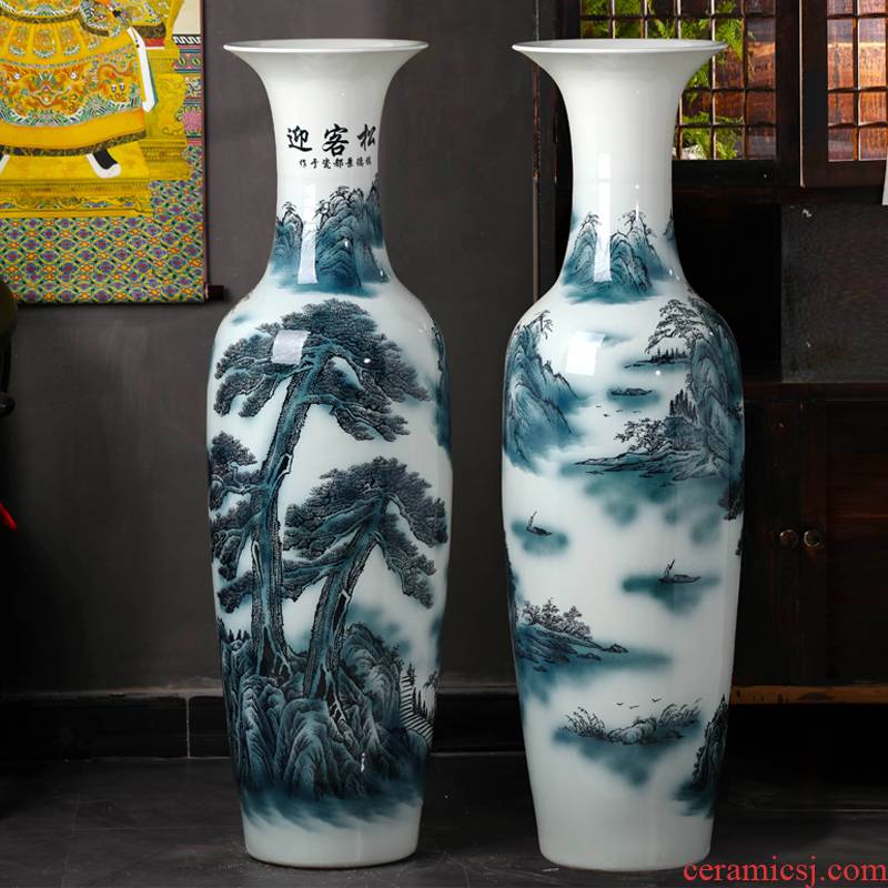 Jingdezhen ceramic guest - the greeting pine of large blue and white porcelain vase living room TV ark, hotel decoration high furnishing articles