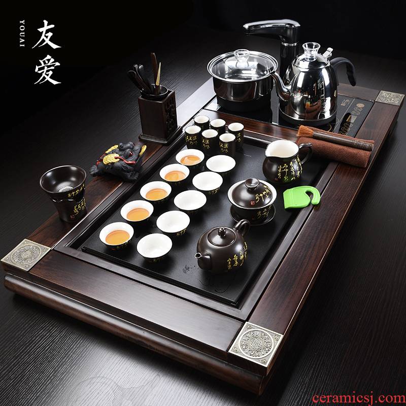 Love sharply stone solid wood tea tray was home purple sand tea set automatic four unity induction cooker kung fu tea set