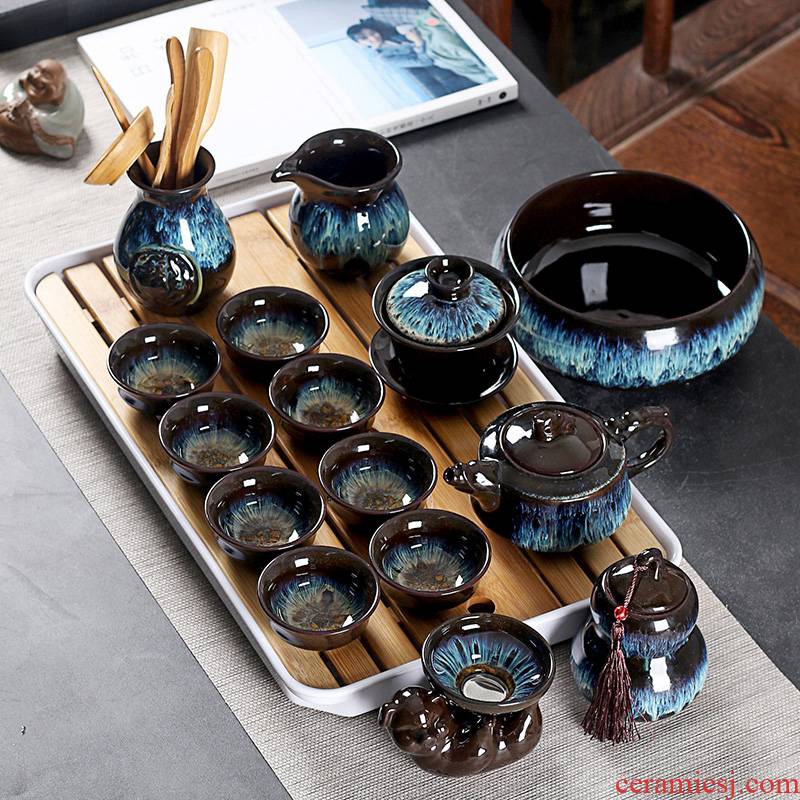 Really sheng building light variable kung fu tea set household alluvial gold temmoku glazed pottery CiHu tea tray of a complete set of tea set