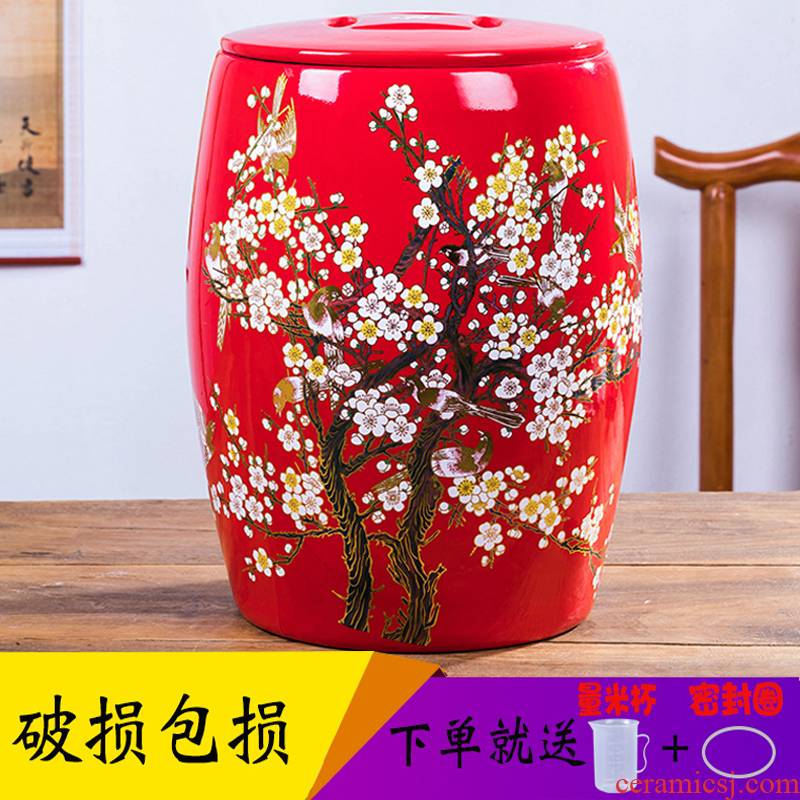 Festive red ceramic ricer box storage barrel oil tank storage sealed with cover ricer box home 30 jins of 50 pounds