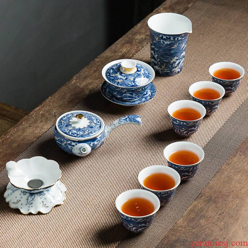 Kung fu tea set household ceramic lid bowl of blue and white porcelain cups white porcelain manual paint tea set a complete set of equipment