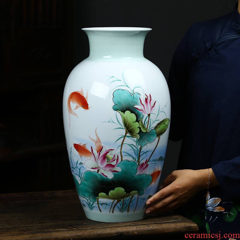 Jingdezhen ceramics vase famous fish hand - made lotus Chinese style living room large crafts home decoration furnishing articles