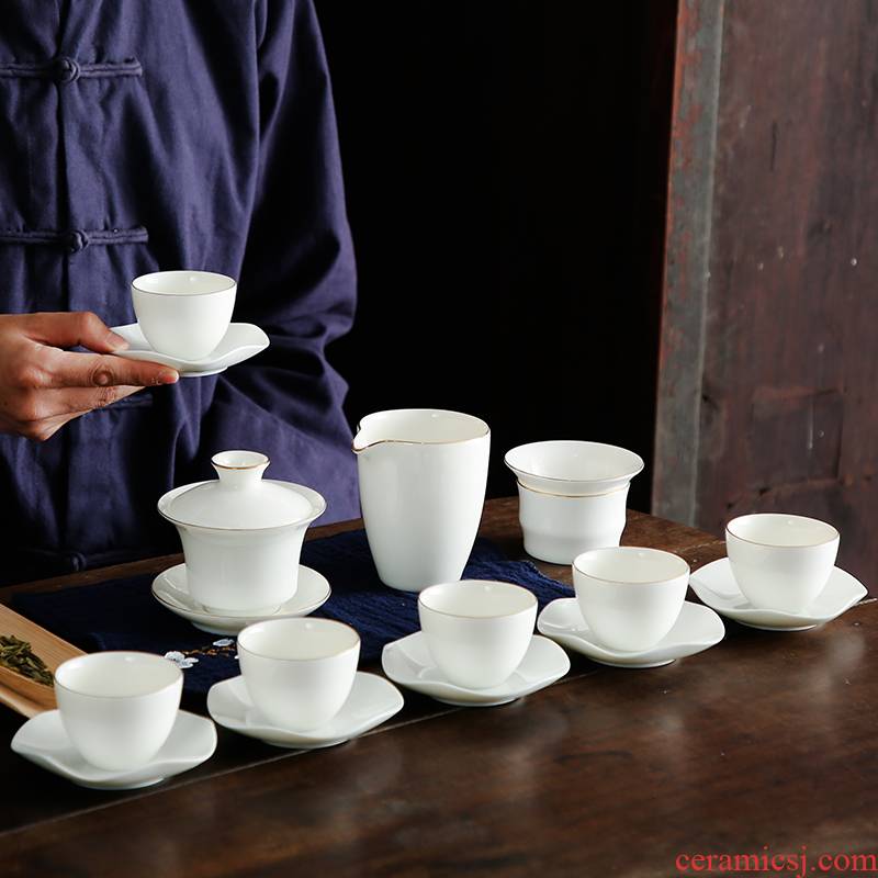 Bo yiu-chee dehua pure white jade porcelain kung fu tea set household white porcelain tea sets tea tureen tea cups of a complete set of customization