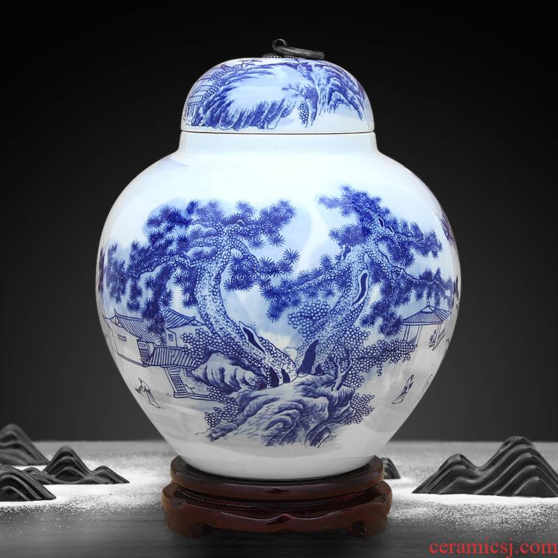 Blue and white porcelain of jingdezhen ceramics storage tank lotus seed tank sitting room adornment can restore ancient ways furnishing articles with cover copper ring
