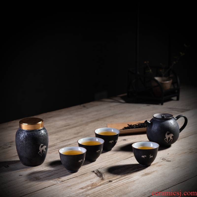Old at restoring ancient ways, manual coarse pottery kung fu tea set suit household Japanese tea caddy fixings box of a complete set of the teapot