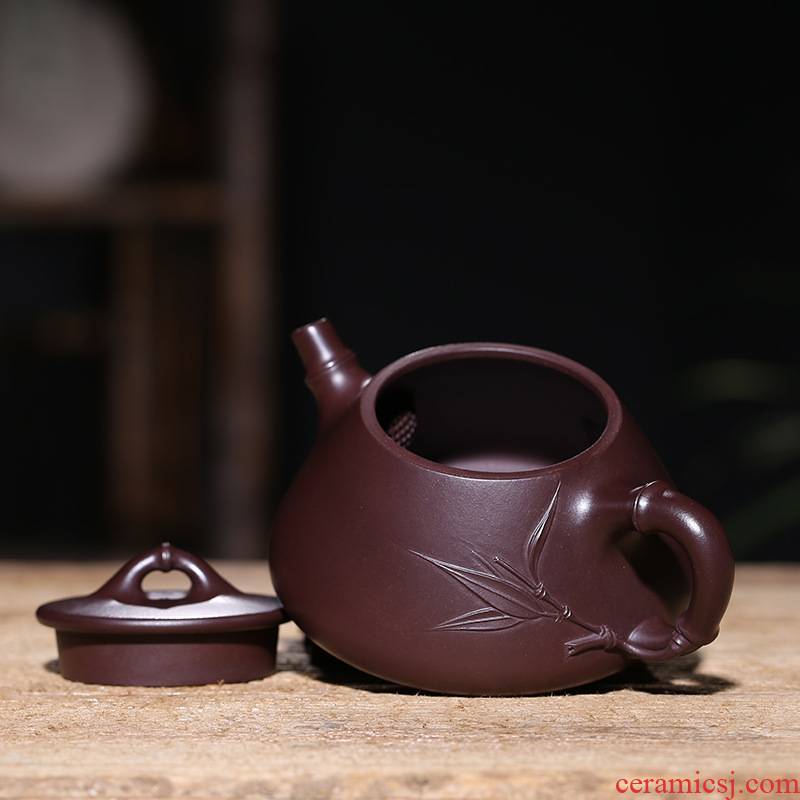 Yixing it pure manual stone gourd ladle undressed ore old purple clay teapot kung fu tea cup teapot bamboo