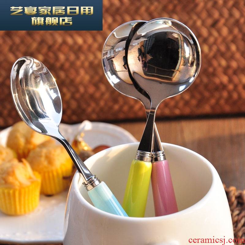 3 by spoon stainless steel spoon, long handle ceramic spoon Korean creative lovely children mixing spoon, suit small household