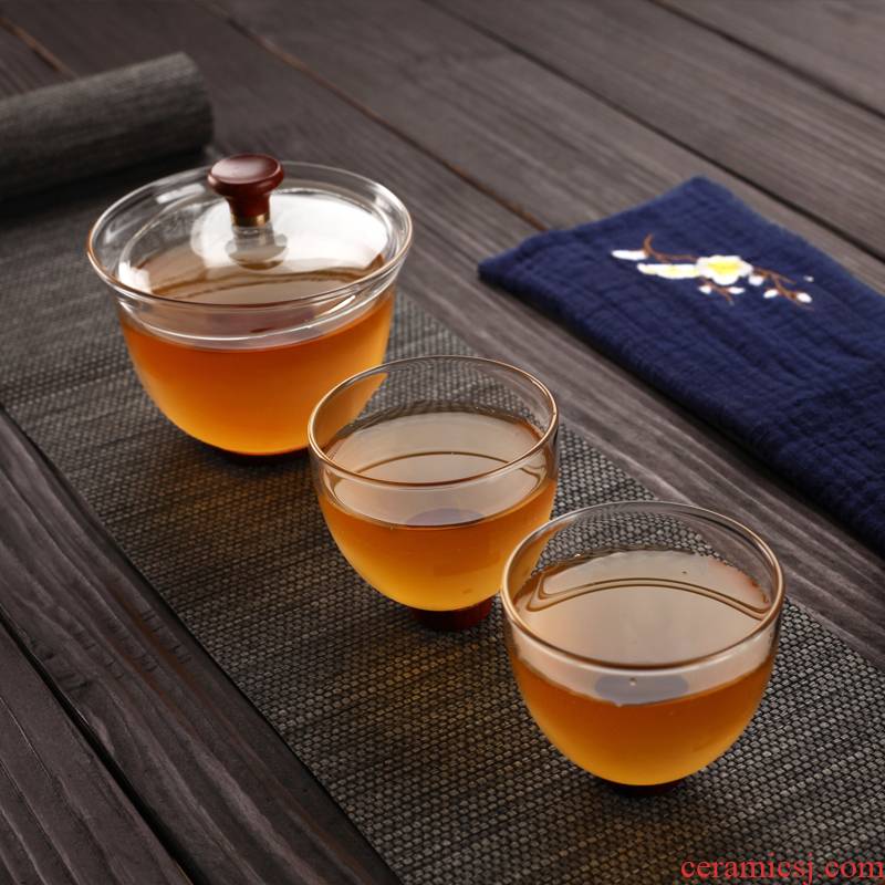 Morning high tureen thickening heat - resistant glass kung fu tea set three cups tureen large bowl