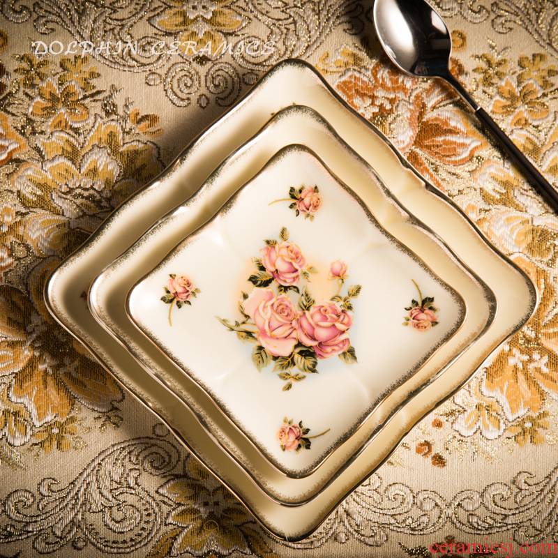 High - grade ceramic tableware sifang snack plate light type plate flat side dish dish dish Korean queen gold rose
