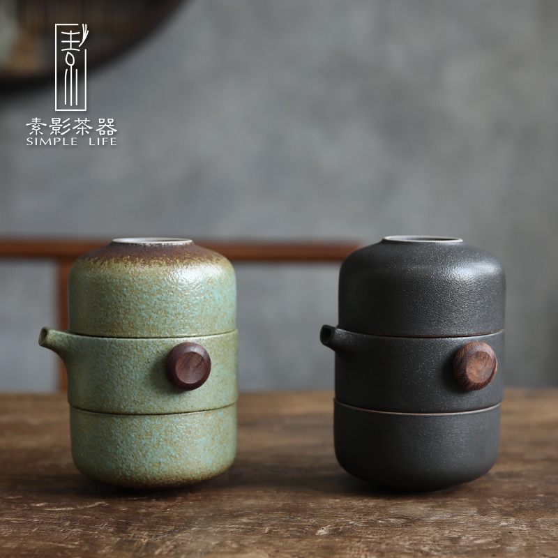 Plain film a crack pot two cups of black kung fu tea set coarse pottery travel hand grasp the teapot teacup portable package
