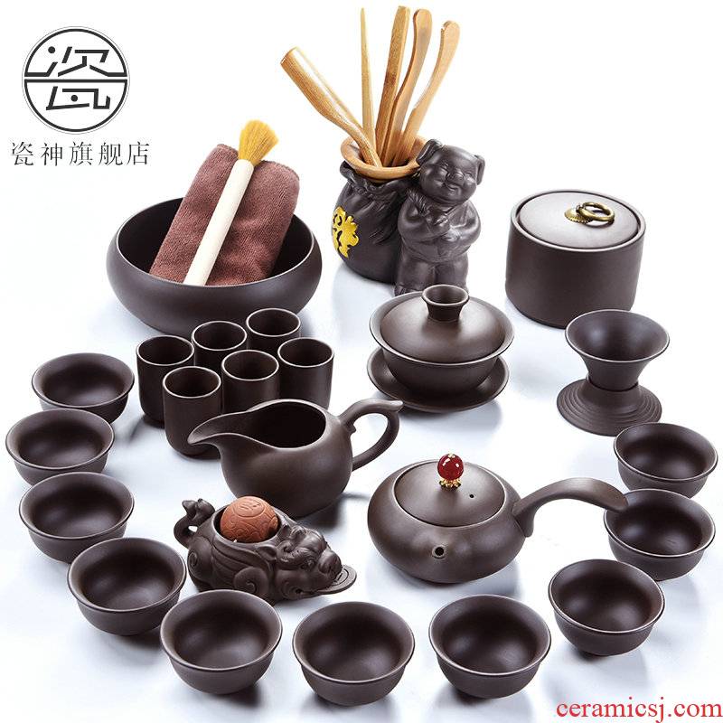 Porcelain clay ore violet arenaceous zhu xi shi god pot of kung fu tea set to restore ancient ways household 6 gentleman cup tea accessories