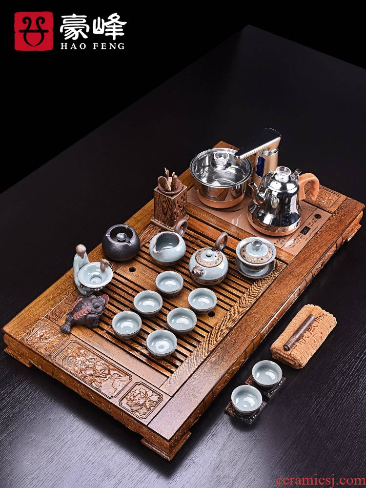 HaoFeng kung fu tea set home tea cups contracted chicken wings wood tea tray of a complete set of automatic electric furnace