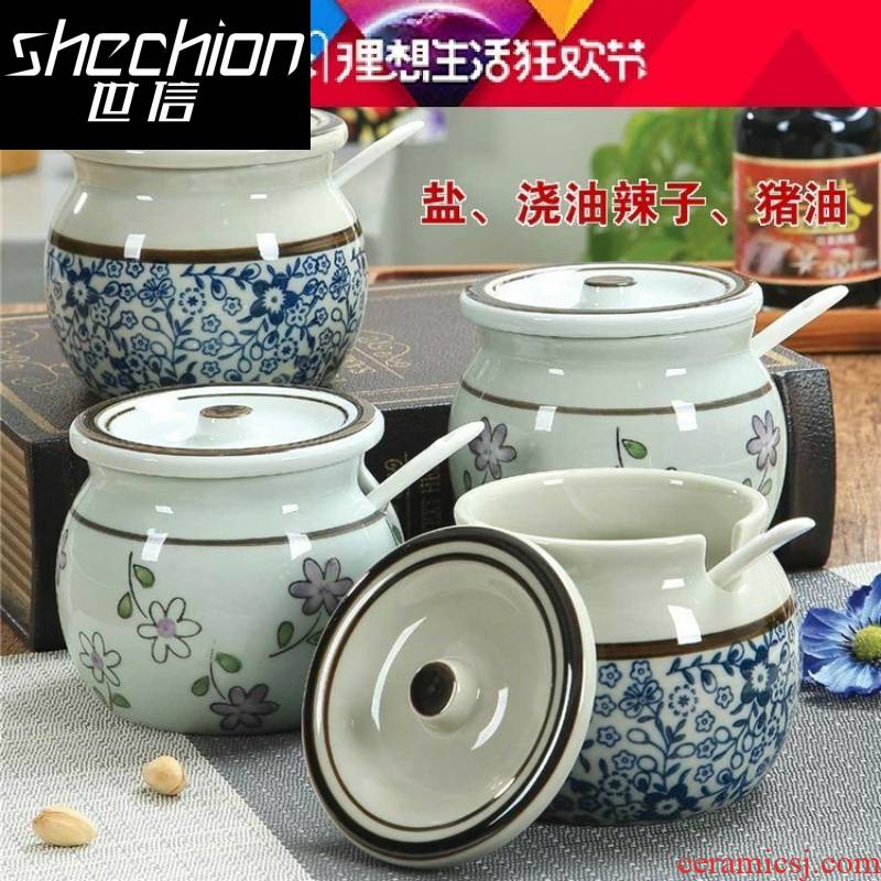 Ceramic large treasure bowl as the oil can hold to high temperature, hot pepper oil jar with cover spoon sauce bottles.