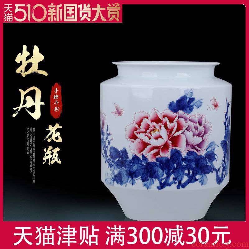 Hand - made color bucket peony furnishing articles quiver of blue and white porcelain ceramic vase sitting room scroll cylinder study scroll painting porcelain jar flower arrangement