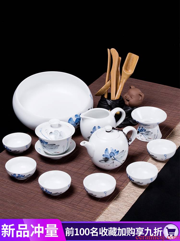 Dehua white porcelain tea set household Japanese kung fu teapot ceramic cups office sitting room is contracted tureen