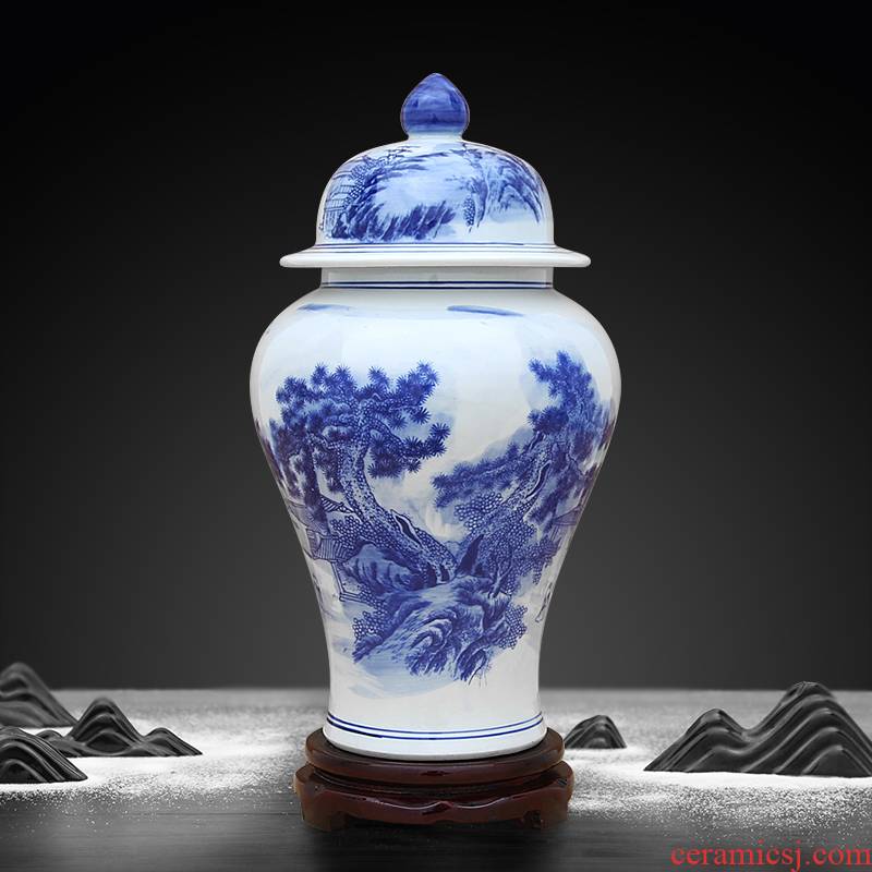 Jingdezhen ceramics general blue and white porcelain jar of blue and white landscape pattern adornment that occupy the home furnishing articles storage tank in the living room
