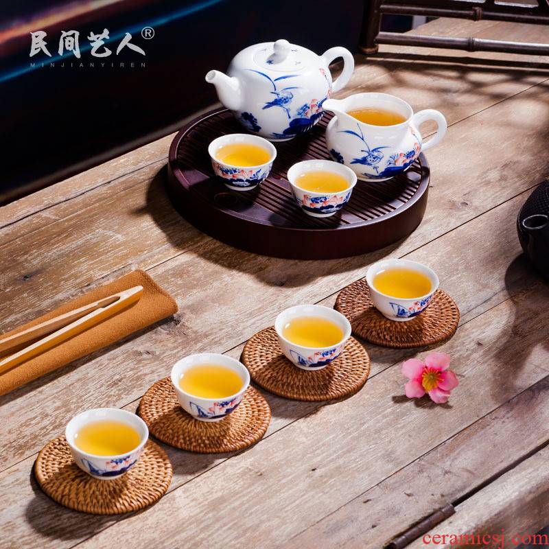 Jingdezhen ceramic hand - made kung fu tea set suit blue and white porcelain teapot teacup tea taking of a complete set of household gifts