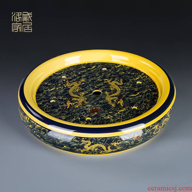 , ceramic household ground round large double dragon saucer dish of jingdezhen porcelain tea set accessories single plate
