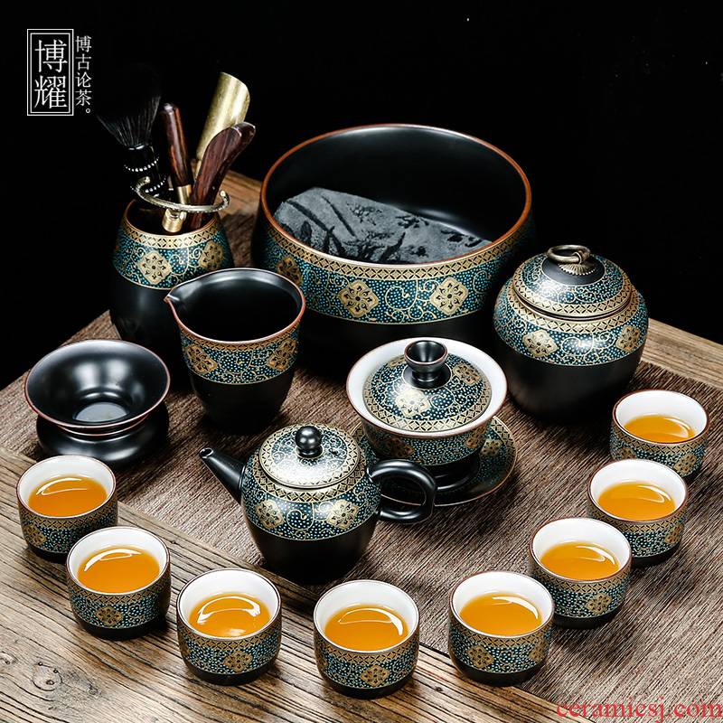 Bo yiu-chee gold kung fu tea set of household ceramic tea lid bowl of tea cups to wash the whole red glaze