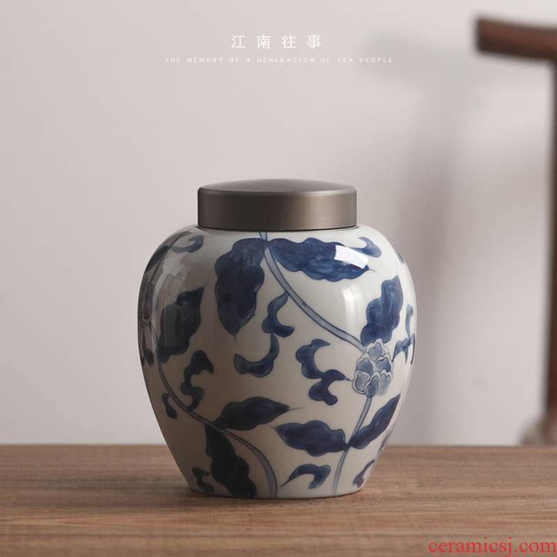Jiangnan past blue and white porcelain tea pot aluminum alloy cover seal pot kung fu tea set store receives household storage tank