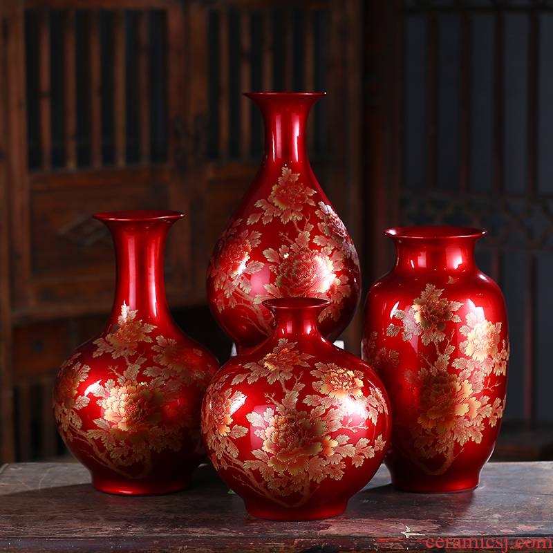 Jingdezhen ceramics China red crystal glaze peony vases, modern household crafts living room a study place