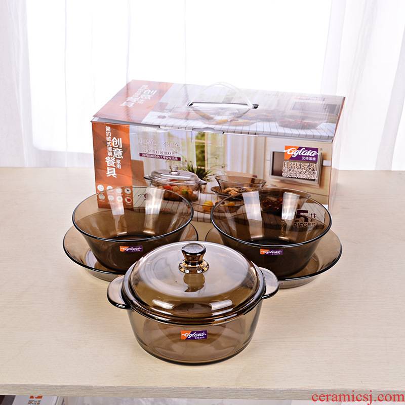 Dark brown tempered glass bowl with cover domestic high - temperature microwave oven cook dishes for promotional gift set gift box
