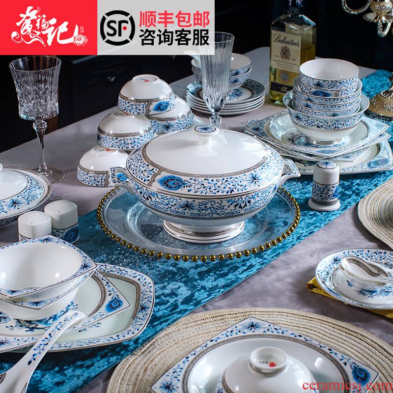 Jingdezhen ceramic tableware suit 70 head of household of Chinese style dishes suit special dishes the table set gift box