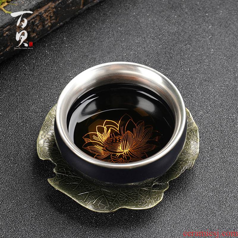 Ceramic cup 999 sterling silver cups household masters cup tasted silver gilding kung fu tea pure manual paint gift mugs
