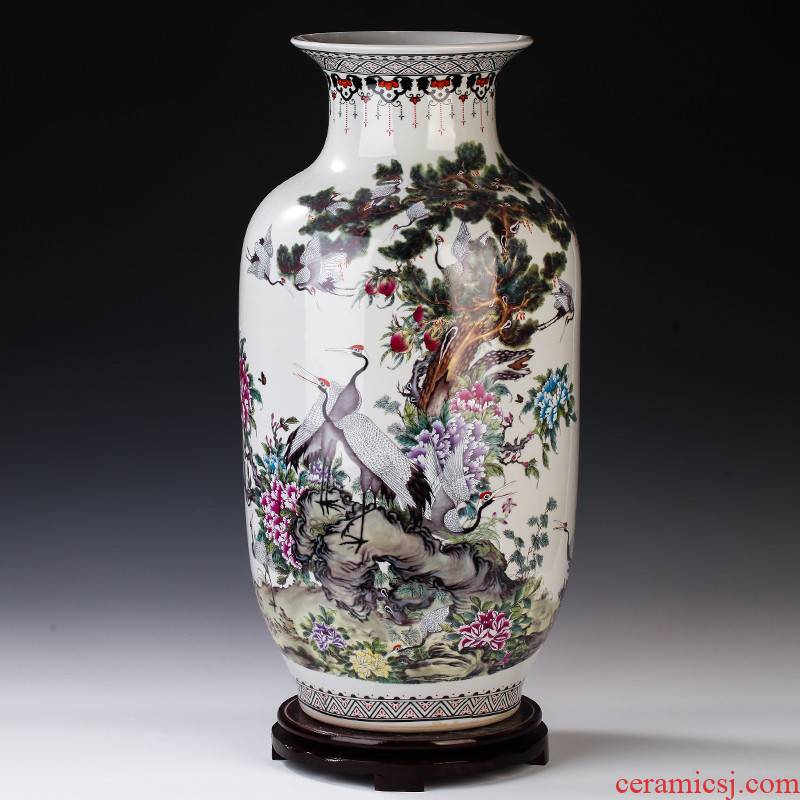 Jingdezhen ceramics powder enamel antique Chinese pine crane live idea gourd vase of large sitting room adornment is placed