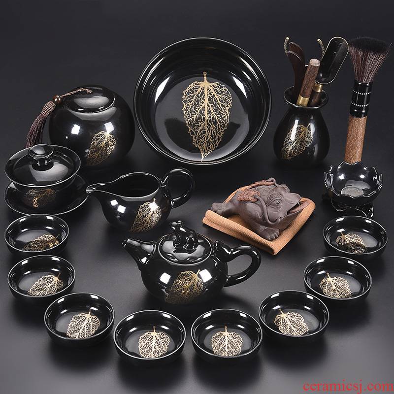 Tao blessing black temmoku built light tea set home building light gold konoha teapot lamp of a complete set of tea cups