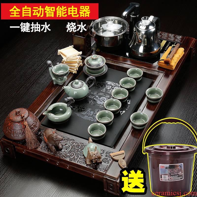 Back on a complete set of kung fu tea set four ceramic home tureen violet arenaceous electric furnace and solid wood tea tray