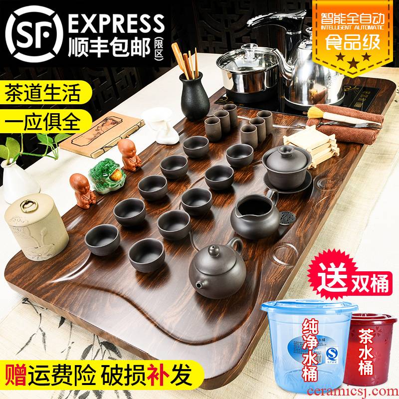 Household celadon porcelain god kung fu tea set solid wood tea tray was contracted the joining together of four automatic teapot tea cups