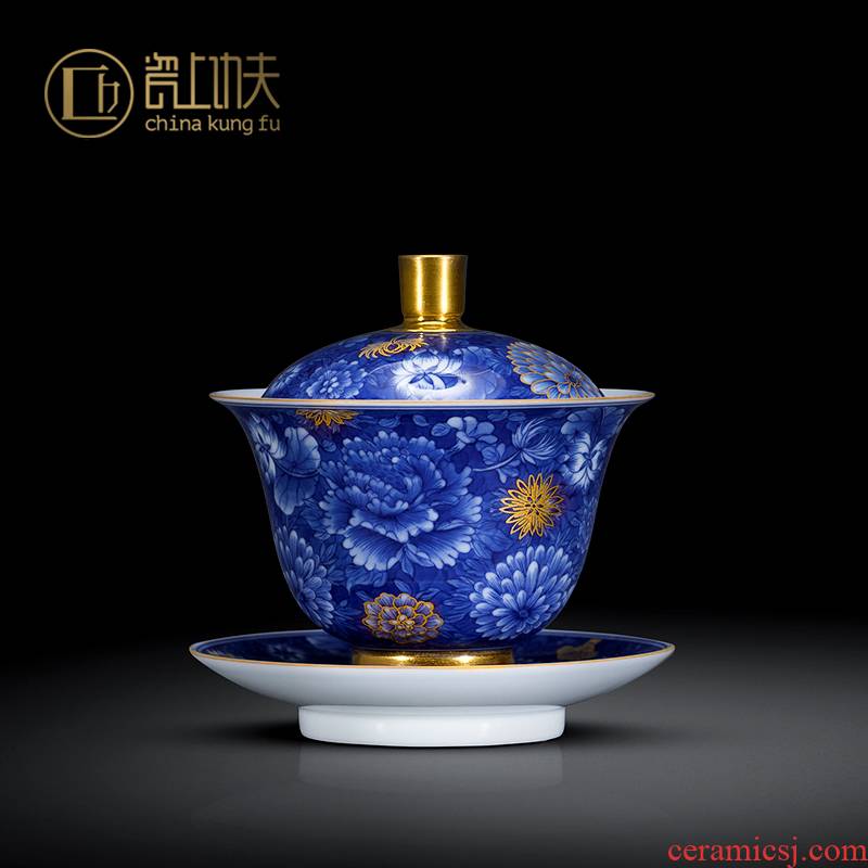 Jingdezhen blue and white flower three tureen only single hand - made ceramic craft paint heavy kung fu tea bowl bowl