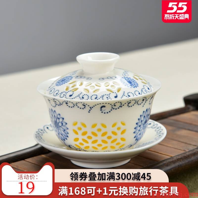 Blue and white porcelain honeycomb and exquisite tea tureen hollow out for three to toast to kung fu tea teapot large bowl ceramics