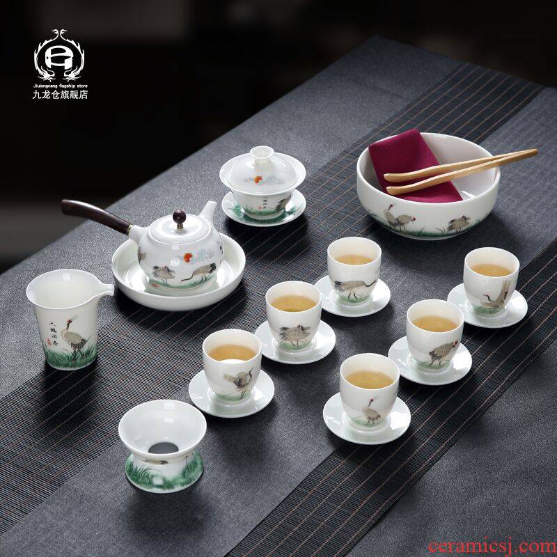 Suet jade porcelain kung fu tea set suits for Chinese style home office of a complete set of jingdezhen ceramic tea lid bowl
