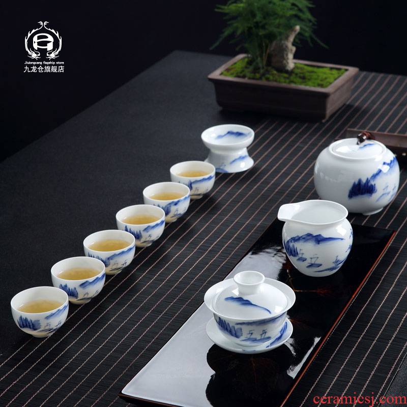 Jingdezhen blue and white porcelain hand - made ceramic kung fu tea set suits for Chinese style household small teapot tea tea cups