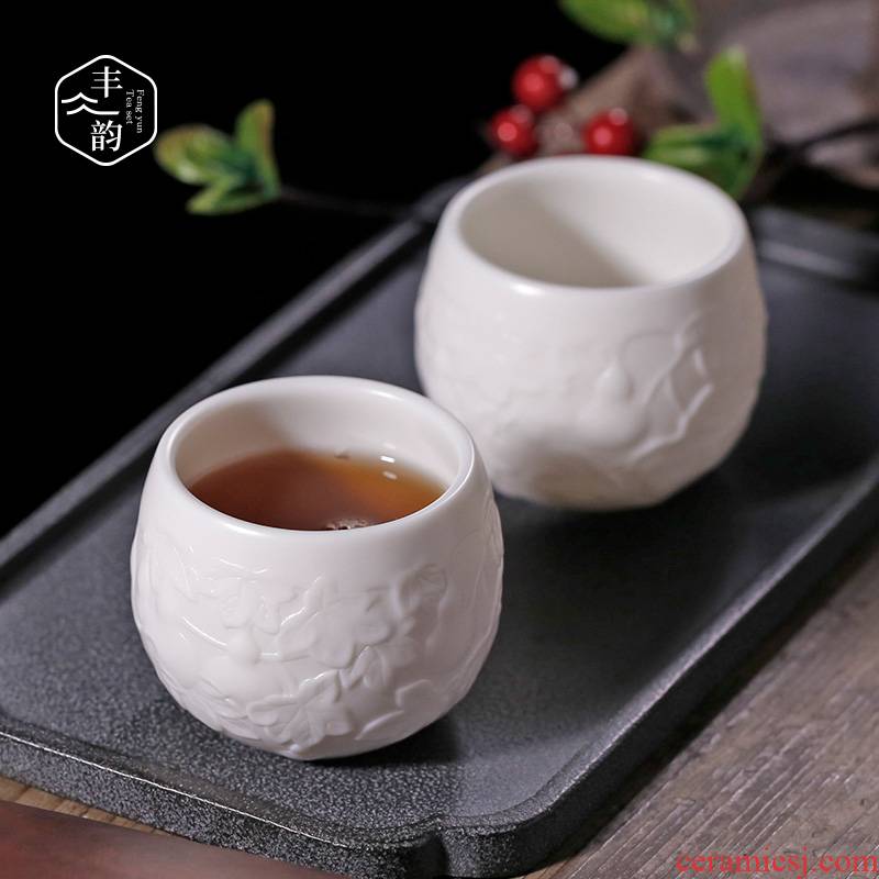 Pure manual white porcelain master cup anaglyph large relief personal single CPU dehua ceramic tea set kung fu tea cups