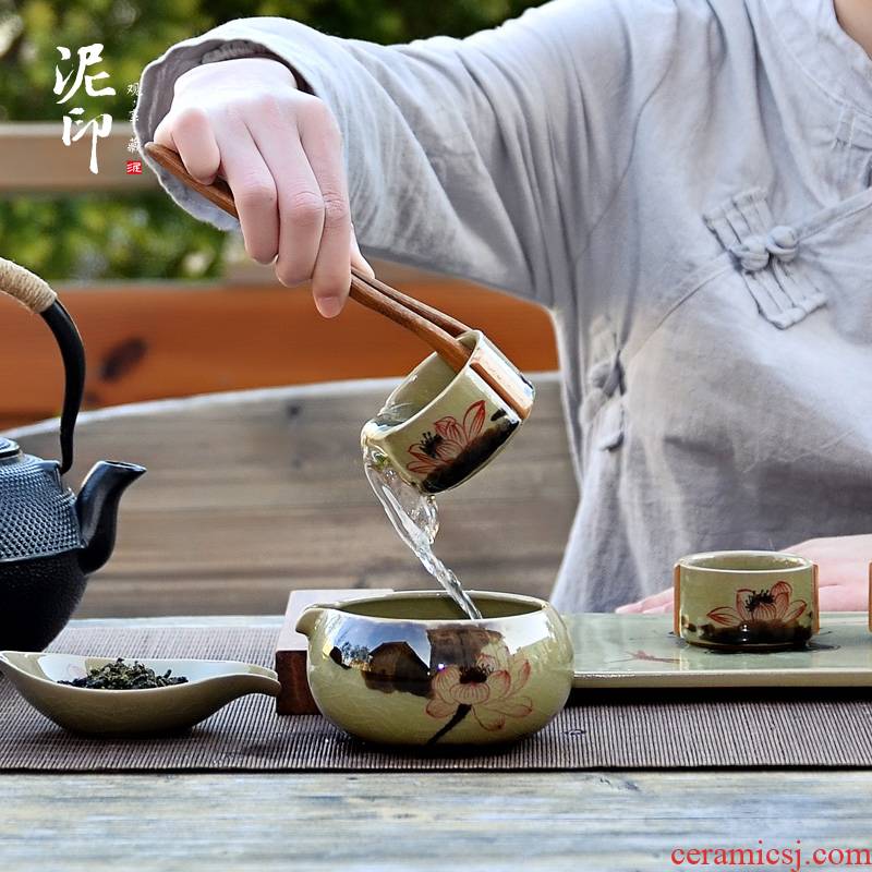 Hand draw the 5 fold up production 】 【 ice cracked piece of pottery and porcelain kung fu tea cups to wash to writing brush washer tea accessories tea to wash