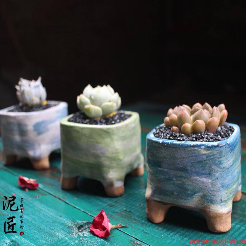 Fleshy flower - pot ceramic hand - made ceramic creative square air suction meat meat the plants flower pot in restoring ancient ways than plastic