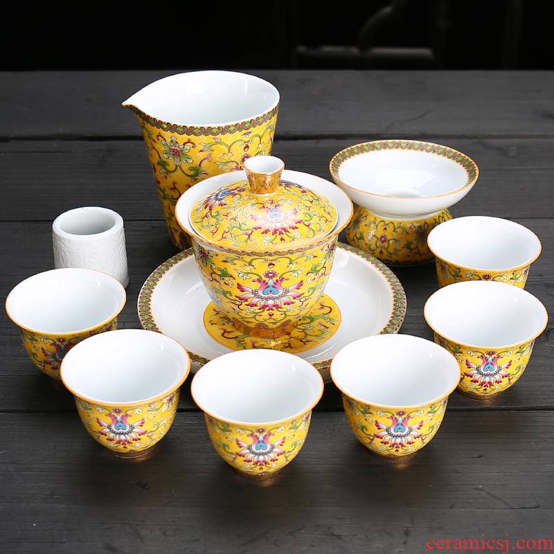 White porcelain kung fu tea set suit household jingdezhen colored enamel Chinese tea set ceramic lid bowl of a complete set of tea cups