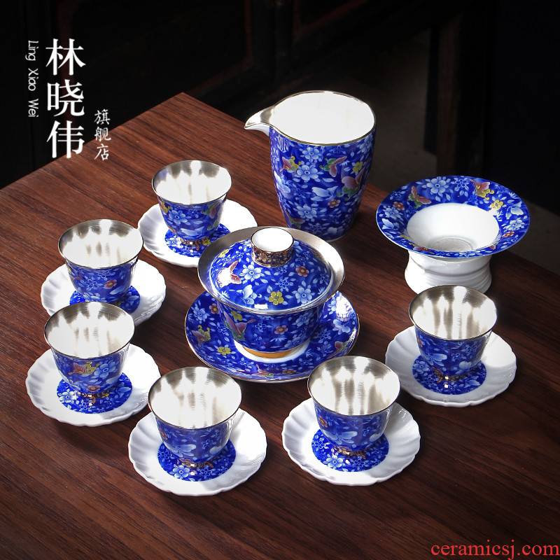Jingdezhen tasted silver gilding hand - made tureen kung fu of blue and white porcelain tea sets big household ceramic teapot teacup gift boxes